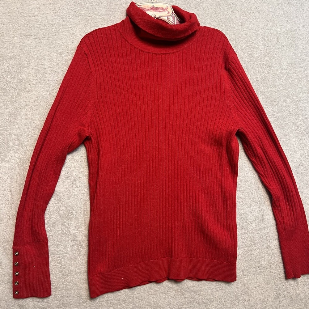 TALBOTS PETITES Red Ribbed Turtleneck Sweater Button Cuff Petite LP